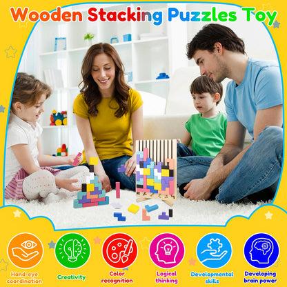 Bukbas Wooden Stacking Puzzle Toy, Wooden Blocks Tangram Jigsaw Puzzle Toys for Kids Boys Girls, Intelligence Colorful 3D Blocks with 10 Cards Building Games, Stress Relief Toys Gifts
