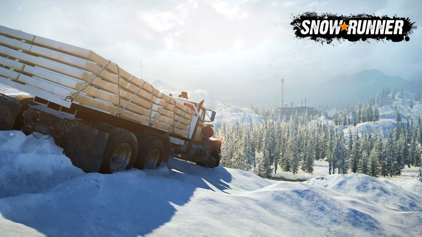 Snow Runner video game for PS5 by Focus Home Interactive, showing snowy off-road vehicle gameplay with rugged terrain.