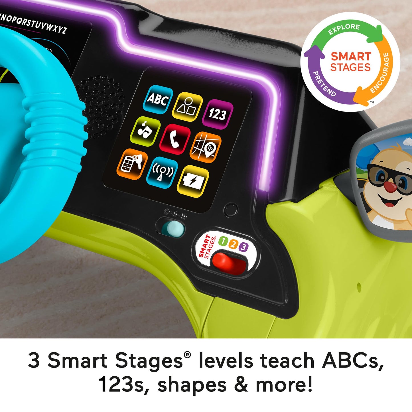 Fisher-Price Laugh & Learn Sit & Steer Driver Car activity center with colorful buttons and steering wheel for babies 6+ months.