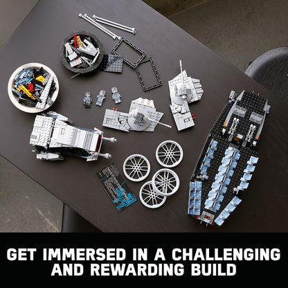 LEGO Star Wars AT-AT Walker 75313 model with 9 minifigures including Luke Skywalker and General Veers, detailed build.