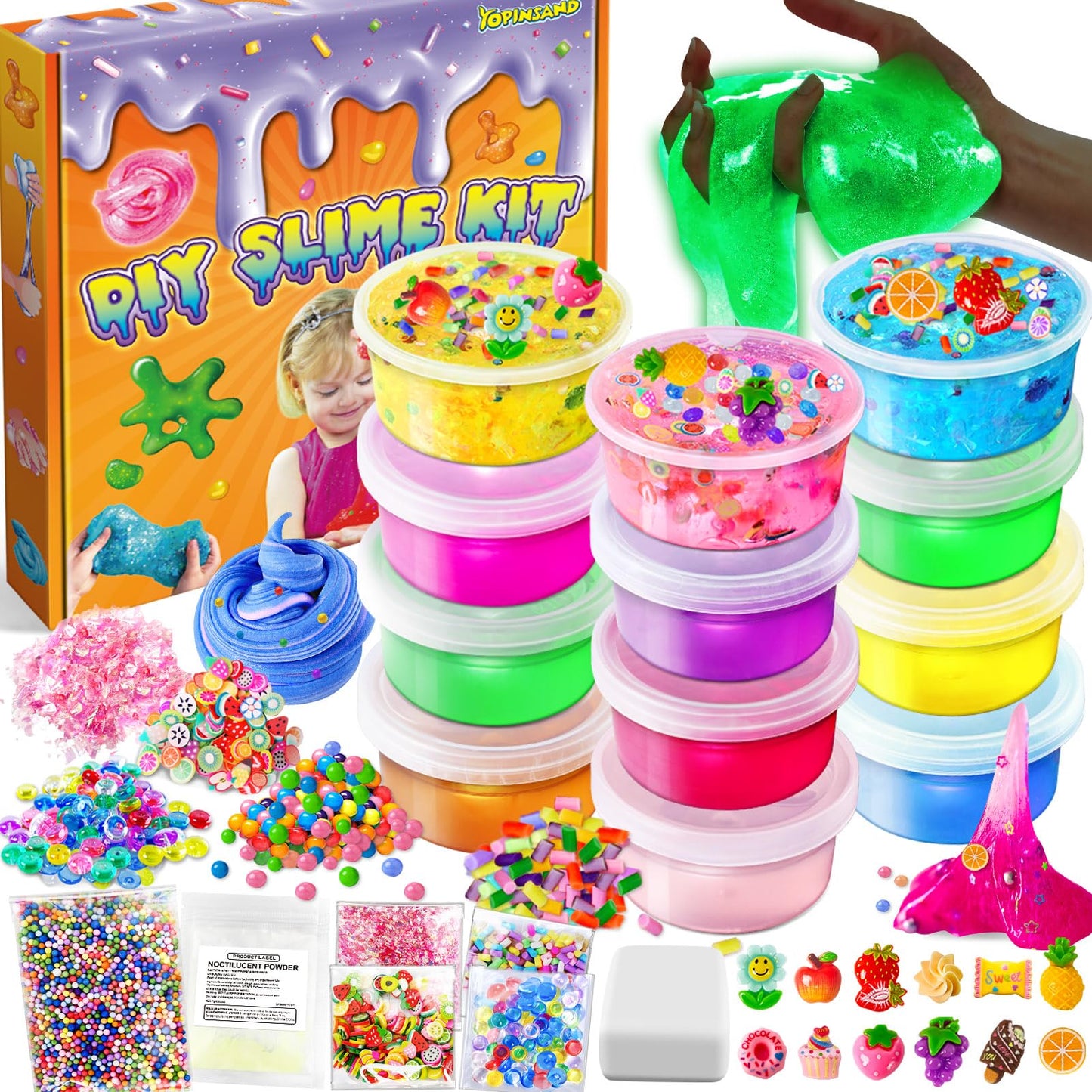 YOPINSAND 12-color DIY slime making kit with clear and glow-in-the-dark slime, foam balls, charms, and sequins for creative fun.
