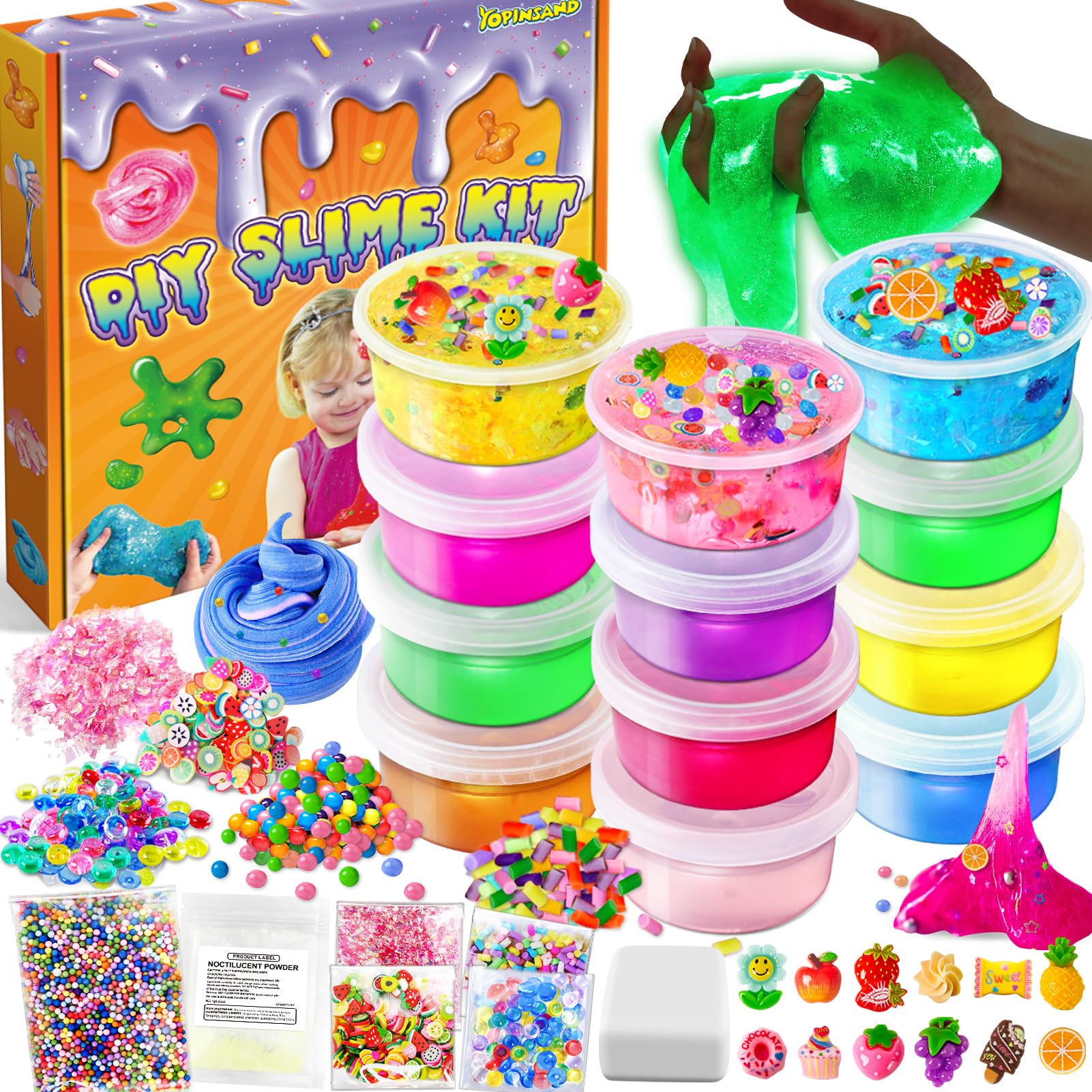 YOPINSAND 12-color DIY slime making kit with clear and glow-in-the-dark slime, foam balls, charms, and sequins for creative fun.