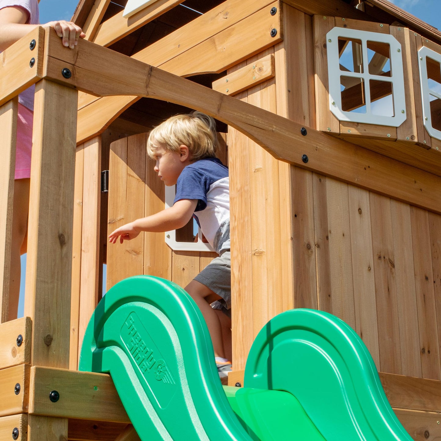 Backyard Discovery Montpelier 100% Cedar Wood Swing Set | Outdoor Playground for Kids | Garden Climbing Frame for Children | 1 Trapeze and 2 Belt Swings | 2.4m Wave Slide | Moneky Bars