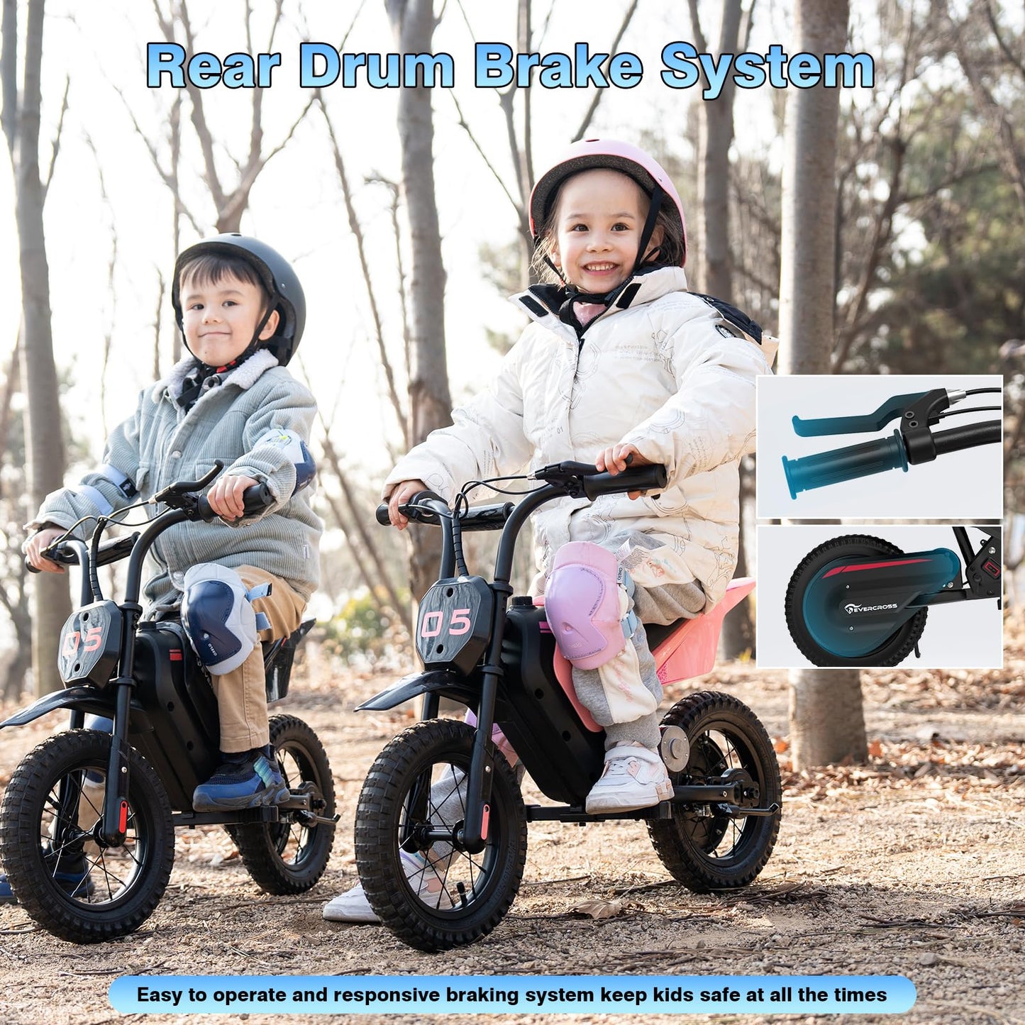 Kids riding the EVERCROSS EV05M electric motorcycle with 12-inch moto cross tires, 150W motor, and adjustable speed modes.