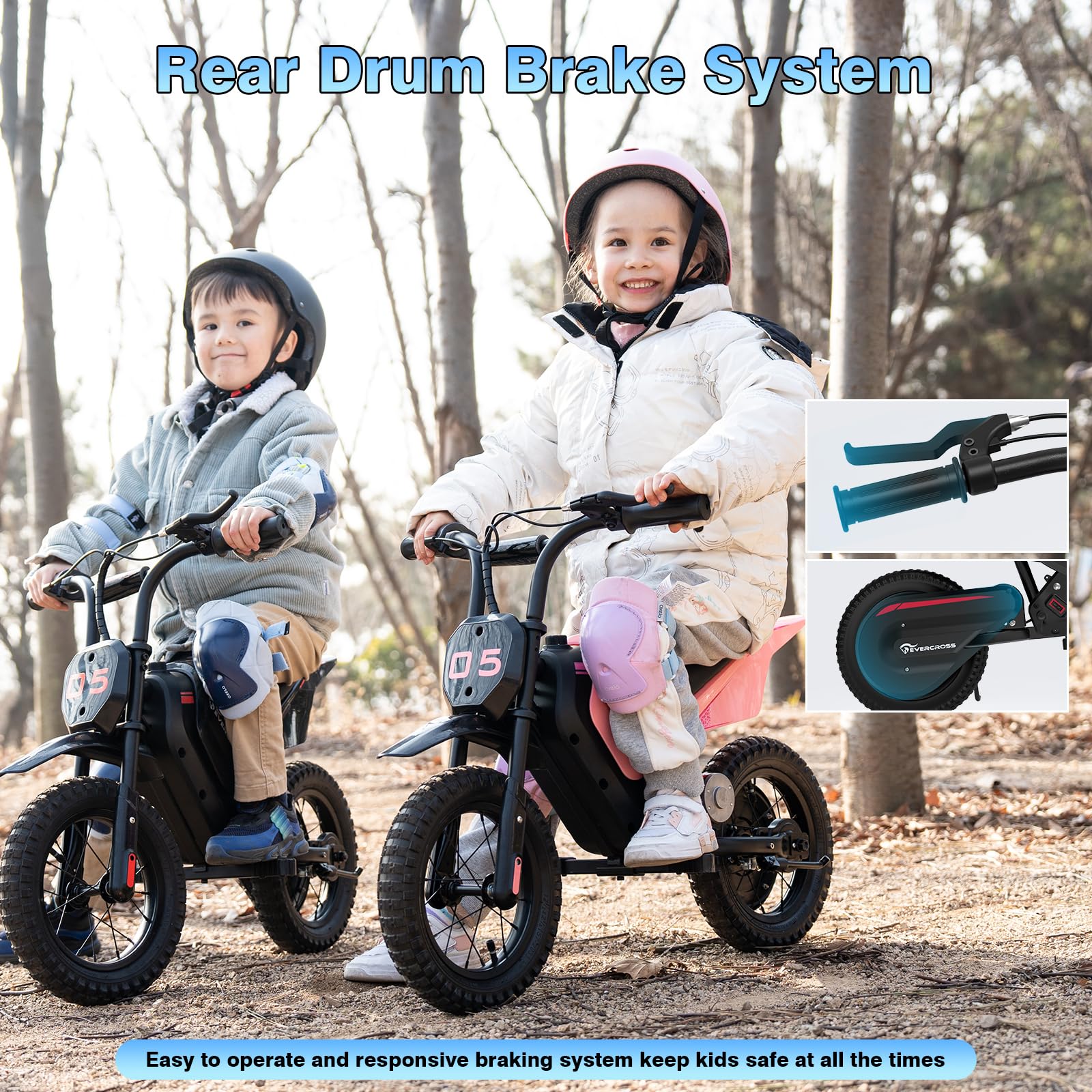Kids riding the EVERCROSS EV05M electric motorcycle with 12-inch moto cross tires, 150W motor, and adjustable speed modes.