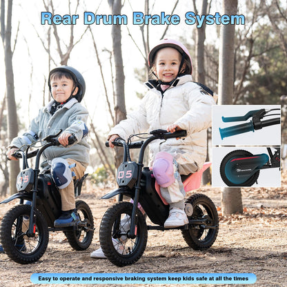 Kids riding the EVERCROSS EV05M electric motorcycle with 12-inch moto cross tires, 150W motor, and adjustable speed modes.
