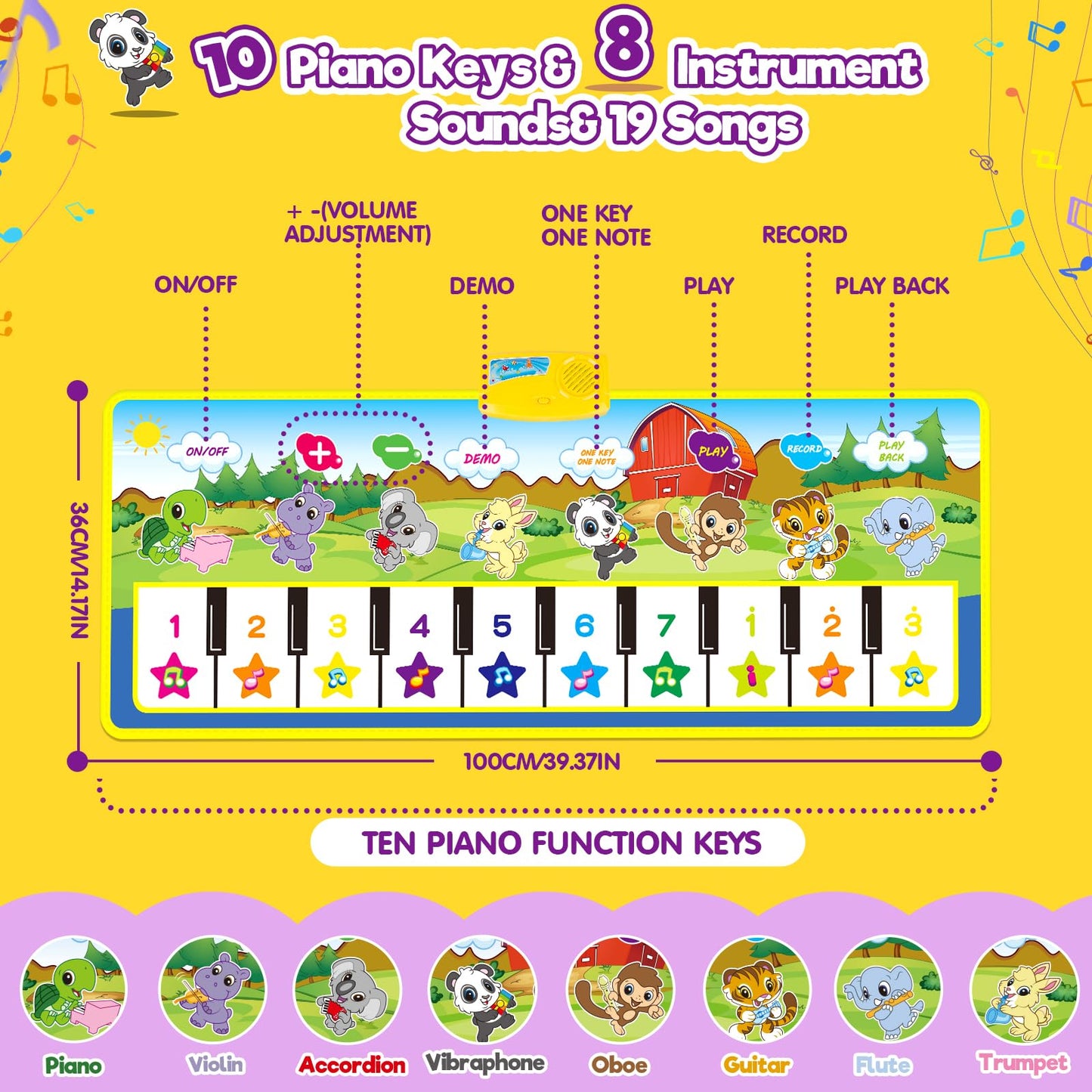 Foldable musical piano mat toy by m zimoon with 10-key keyboard and colorful dance surface for toddlers.