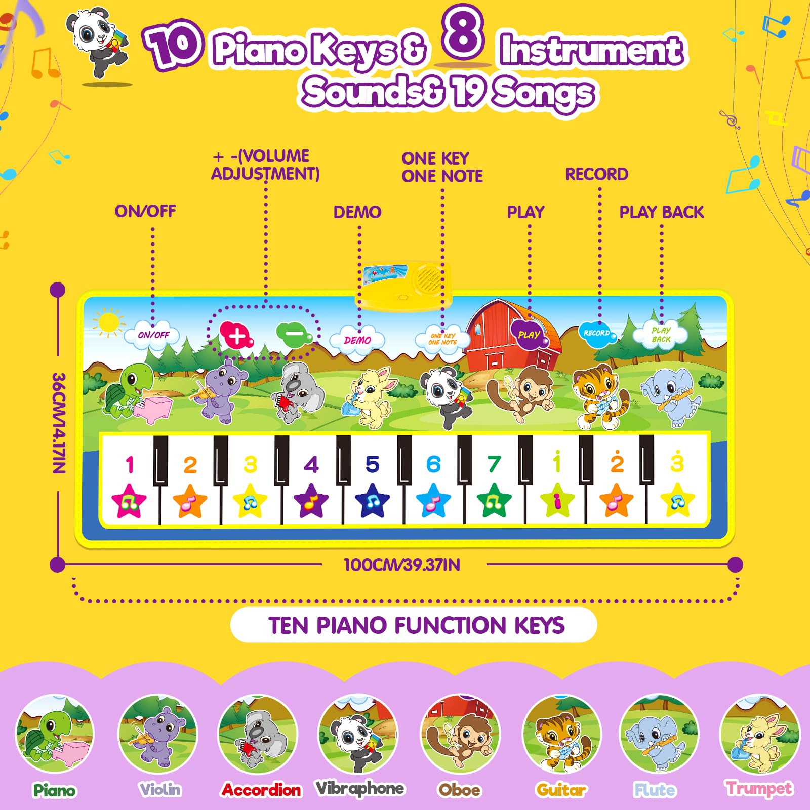 Foldable musical piano mat toy by m zimoon with 10-key keyboard and colorful dance surface for toddlers.