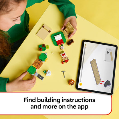 LEGO Super Mario Captain Toad's Camp set with Captain Toad, Goomba figures, tent, and collapsing bridge for kids aged 6+.