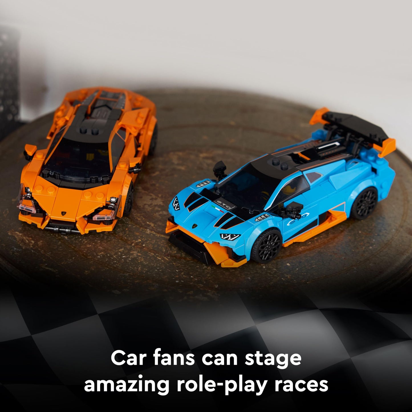 LEGO Speed Champions Lamborghini Revuelto and Huracán STO model kit with two driver minifigures on display.
