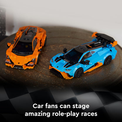 LEGO Speed Champions Lamborghini Revuelto and Huracán STO model kit with two driver minifigures on display.