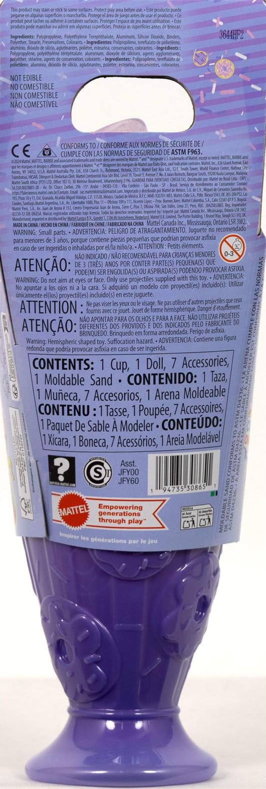 Barbie Pop Reveal Treat Series doll set with donut theme, pet, and 8 surprises including color change feature.