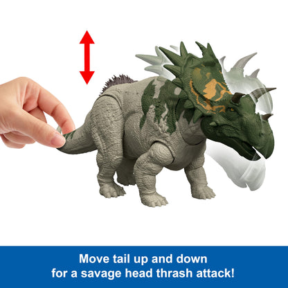 Mattel Jurassic World Rebirth Wild Roar Dinosaur Toy, Spiclypeus Posable Figure, Tail-Controlled Head Butt & Thrash Attack & Sound, Digital Play, JGB89
