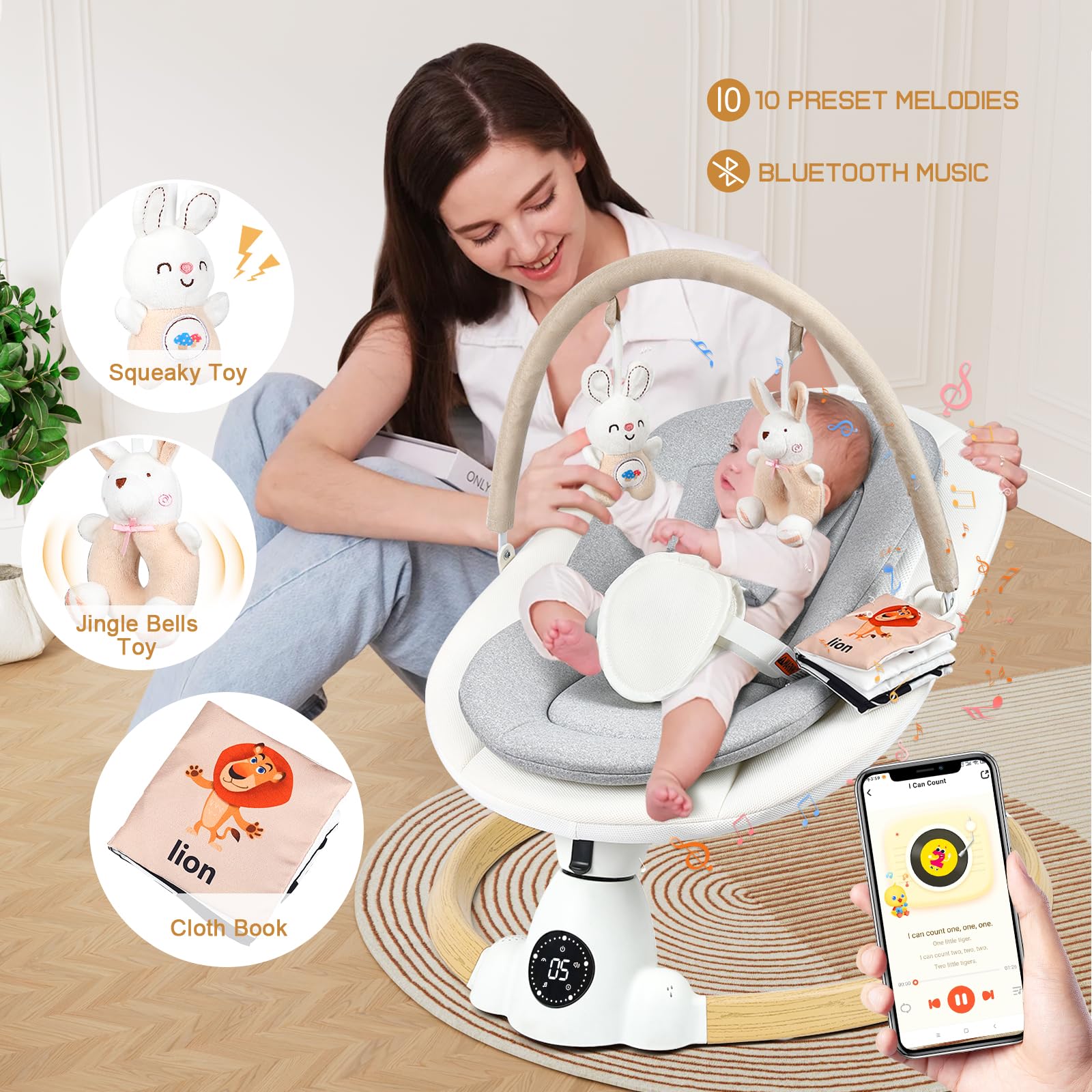 Uuoeebb portable electric baby bouncer with wood finish, Bluetooth, 5 swing speeds, 10 lullabies, 5-point harness, remote, and touch control