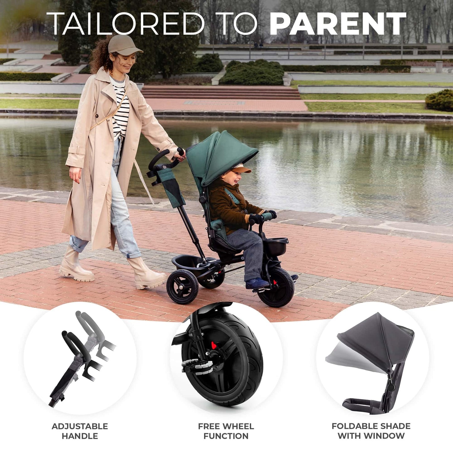 Kinderkraft AVEO Trike from 9 Months to 5 Year, Tricycle with adjustable parent handle, Trike for baby kids toddler, Foldable, Free Wheel Function, Protection from Sun, Cupholder, Toy basket, Green
