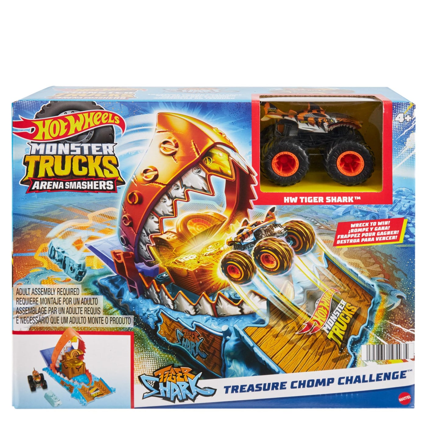 Hot Wheels Monster Trucks Arena Smashers playset featuring Tiger Shark truck and crushed car on a colorful arena backdrop.