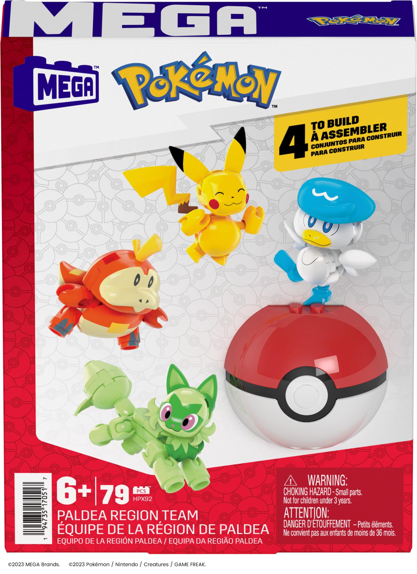 MEGA Pokémon action figure building toys set featuring Pikachu, Fuecoco, Sprigatito, Quaxly, and a Poké Ball.