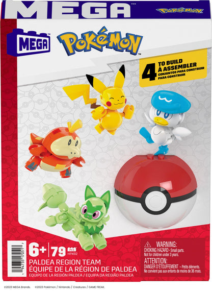 MEGA Pokémon action figure building toys set featuring Pikachu, Fuecoco, Sprigatito, Quaxly, and a Poké Ball.