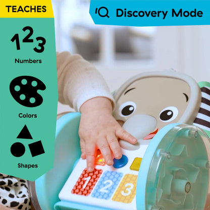 Baby Einstein Chase & Tap Earl crawling baby toy with mirror and music for infants 6 months and up, showing colorful design and interactive features.