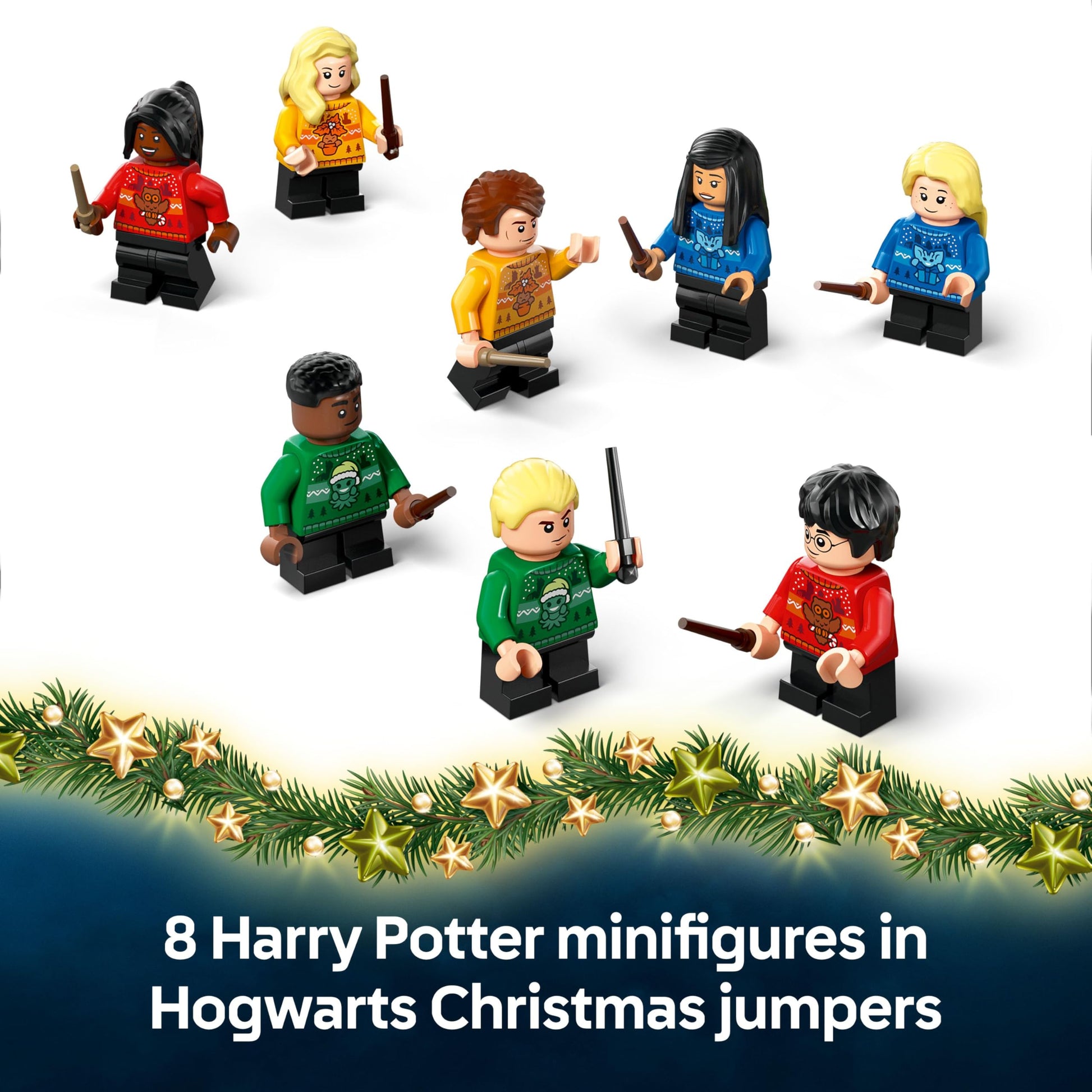 LEGO Harry Potter Advent Calendar 2025 featuring 24 surprises, 8 minifigures in festive jumpers, and mini builds.