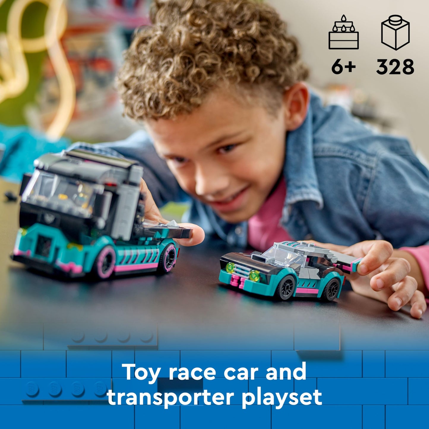LEGO City race car and car carrier truck set with loading ramp, racer and driver minifigures for kids aged 6 and up.