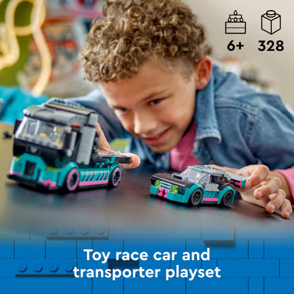 LEGO City race car and car carrier truck set with loading ramp, racer and driver minifigures for kids aged 6 and up.