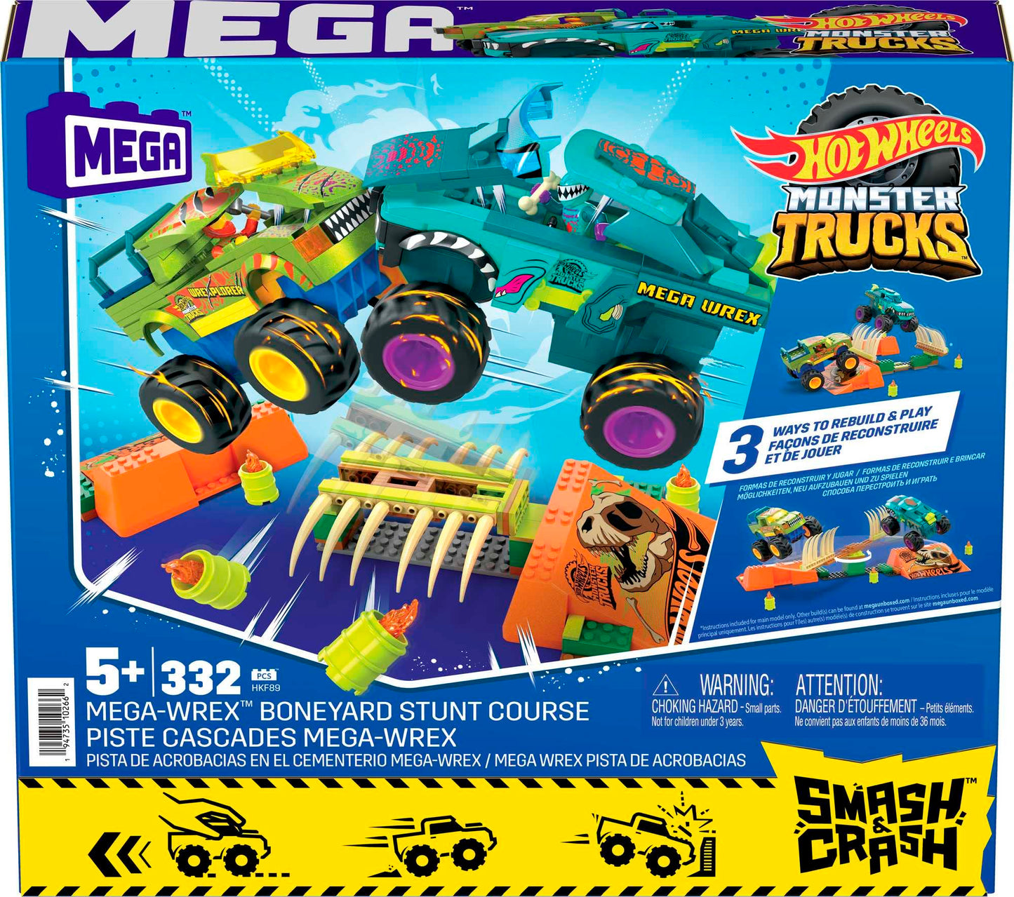 MEGA Hot Wheels Monster Trucks Building Toy, Smash & Crash Mega-Wrex Boneyard Stunt Course with 332 Pieces, 2 Figures and 2 Ramps, Kids Age 5+ Years, HKF89