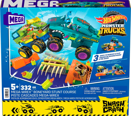 MEGA Hot Wheels Monster Trucks Building Toy, Smash & Crash Mega-Wrex Boneyard Stunt Course with 332 Pieces, 2 Figures and 2 Ramps, Kids Age 5+ Years, HKF89