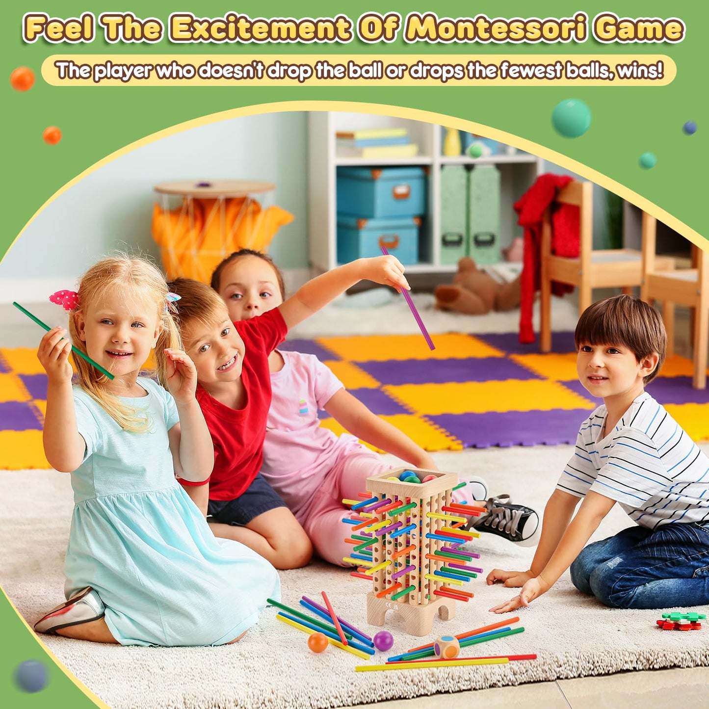 Wooden Board Game Montessori Toys, 42 Colourful Sticks Dice Game Math Educational Toy, Family Fun Ball Dropping Game, 1 to 6 Players Fine Motor Skills Travel Games for 3 4 5 6 Years Old Boy Girl