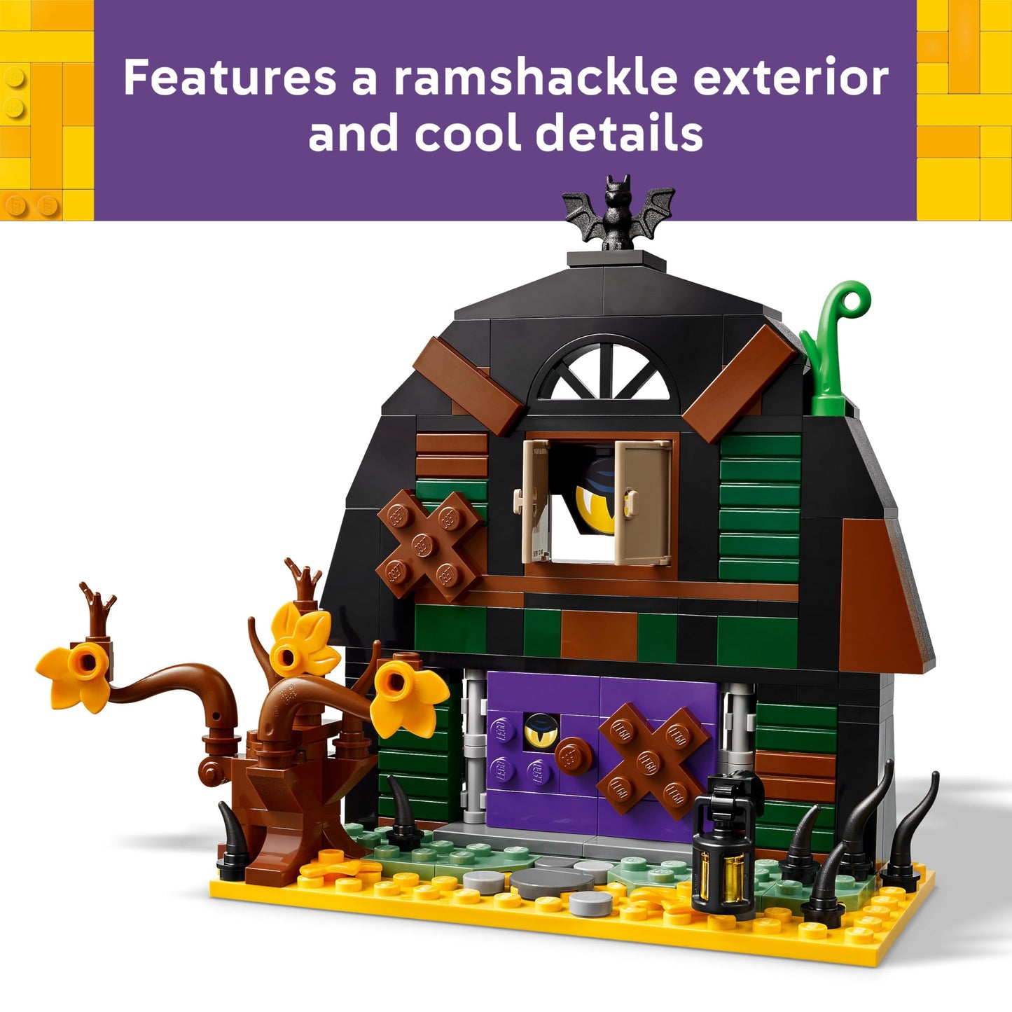 LEGO Halloween Barn set featuring a skeleton minifigure, bat, and spooky lamps for creative play and display.