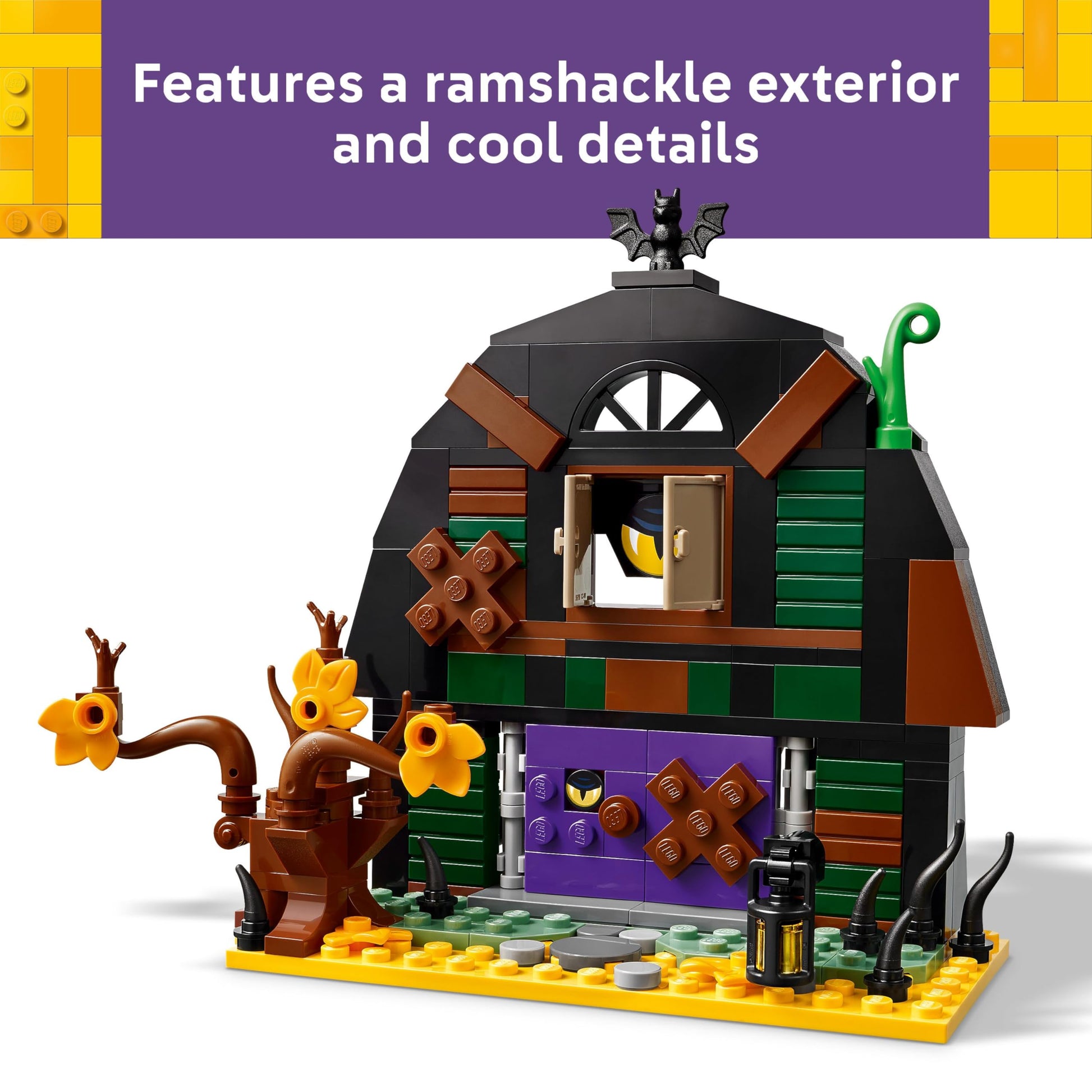 LEGO Halloween Barn set featuring a skeleton minifigure, bat, and spooky lamps for creative play and display.