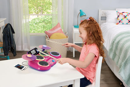 VTech Kidi DJ Drums pink light-up electronic drum kit for kids with 4 drums, cymbals, drum sticks, Bluetooth, and coach mode