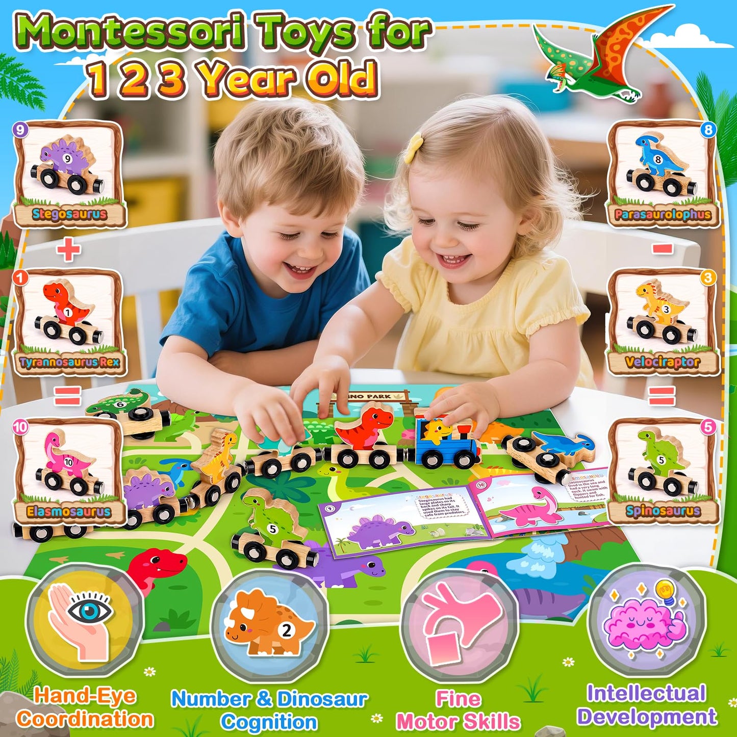 Wooden magnetic dinosaur train toys for toddlers, featuring colorful dinosaurs, ideal for Montessori learning and play.