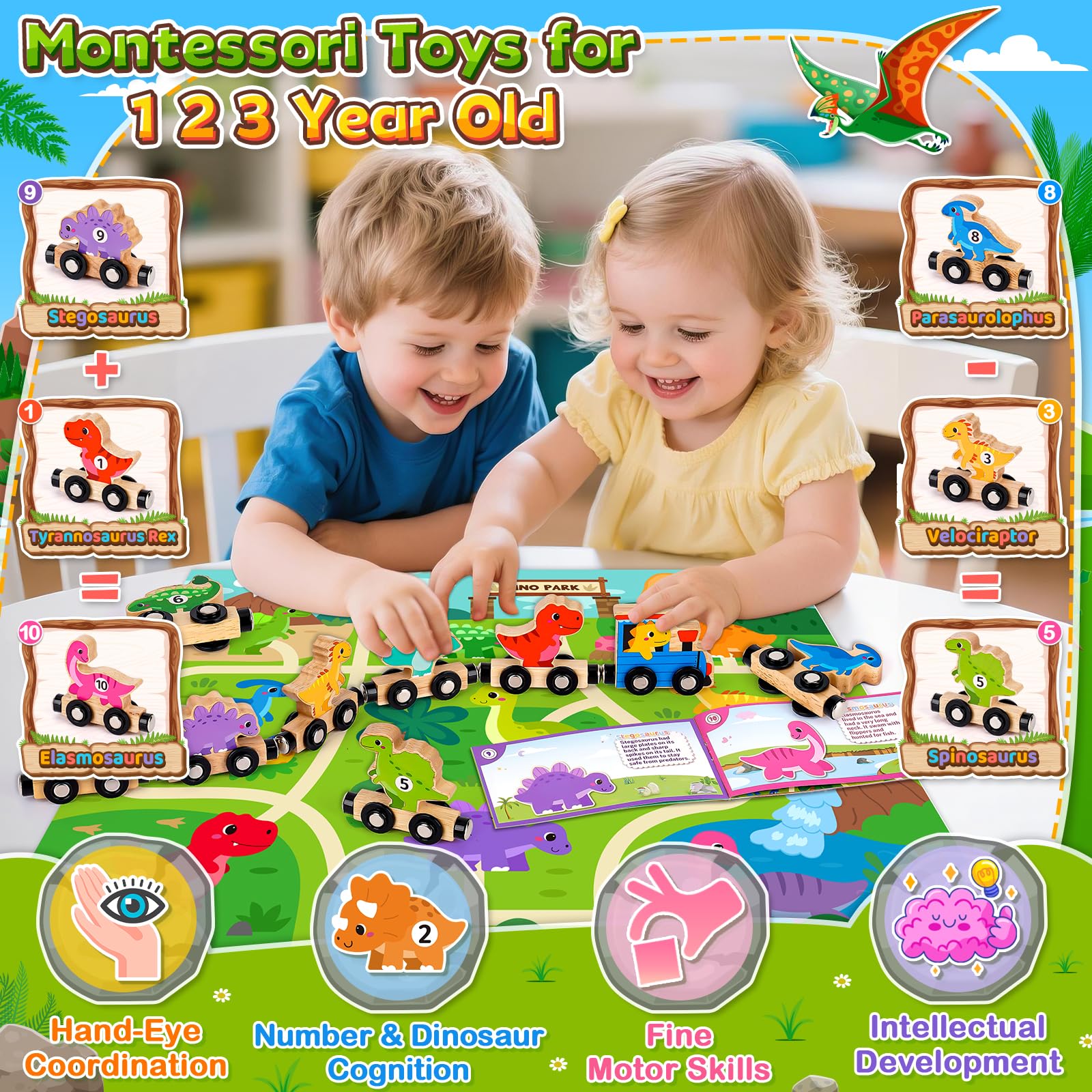 Wooden magnetic dinosaur train toys for toddlers, featuring colorful dinosaurs, ideal for Montessori learning and play.
