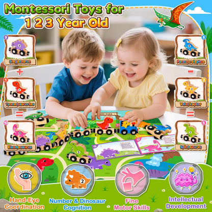 Wooden magnetic dinosaur train toys for toddlers, featuring colorful dinosaurs, ideal for Montessori learning and play.
