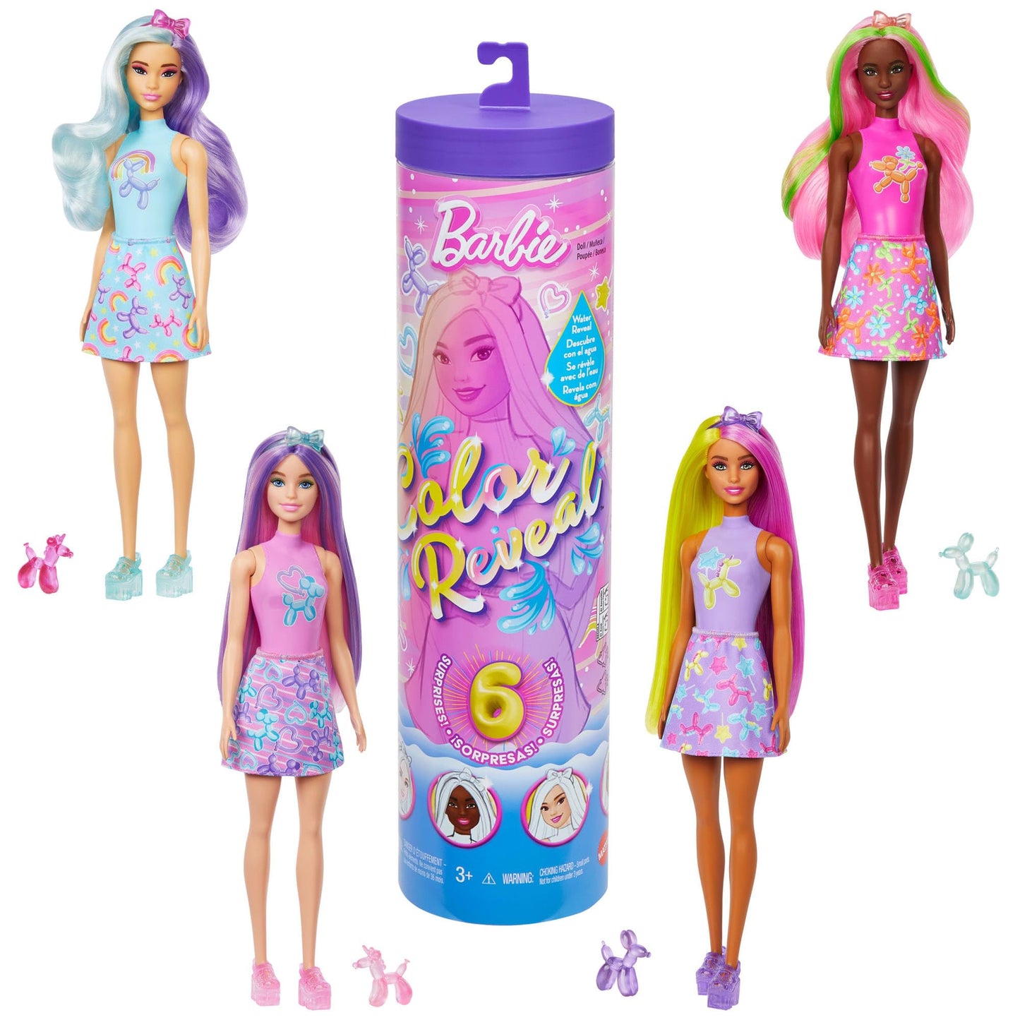 Barbie Color Reveal Doll and accessories from Balloon Animals Series with color change surprises and mini balloon animal, styles vary.