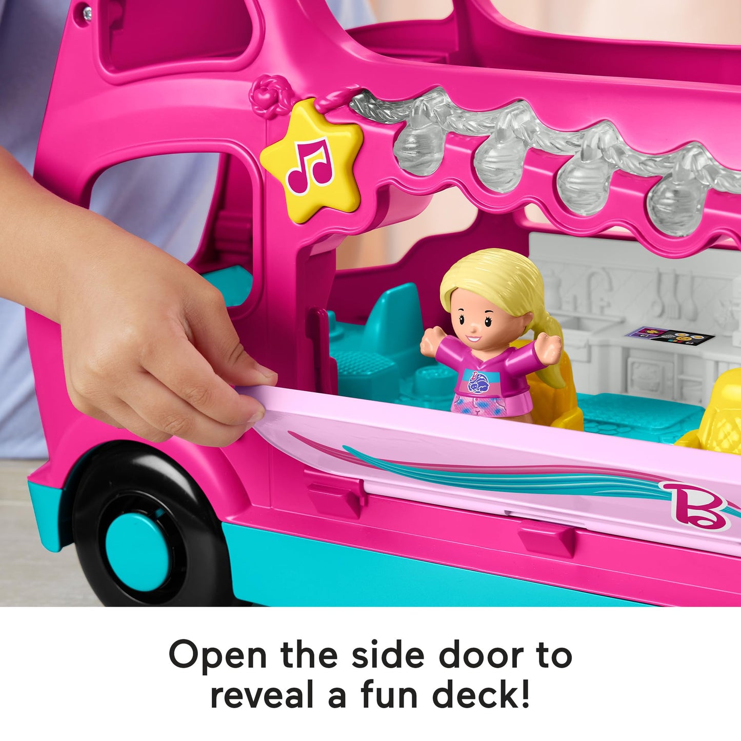 Fisher-Price Little People Barbie Little Dreamcamper RV playset with two figures, music, lights, and colorful details for toddlers.