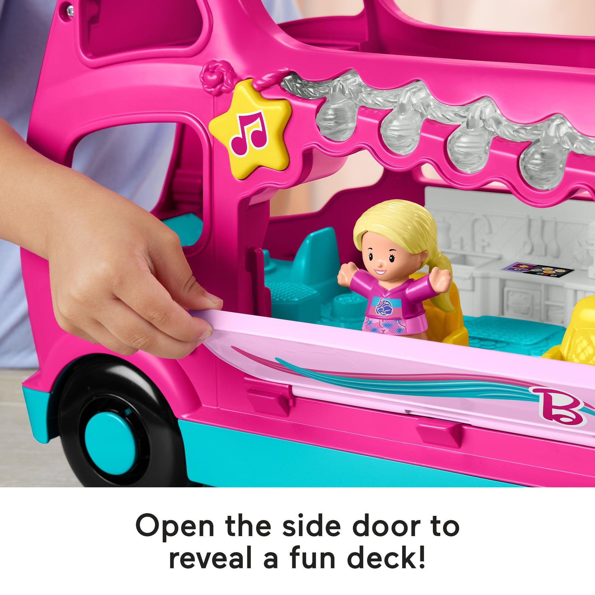 Fisher-Price Little People Barbie Little Dreamcamper RV playset with two figures, music, lights, and colorful details for toddlers.
