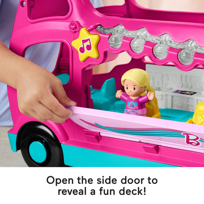 Fisher-Price Little People Barbie Little Dreamcamper RV playset with two figures, music, lights, and colorful details for toddlers.