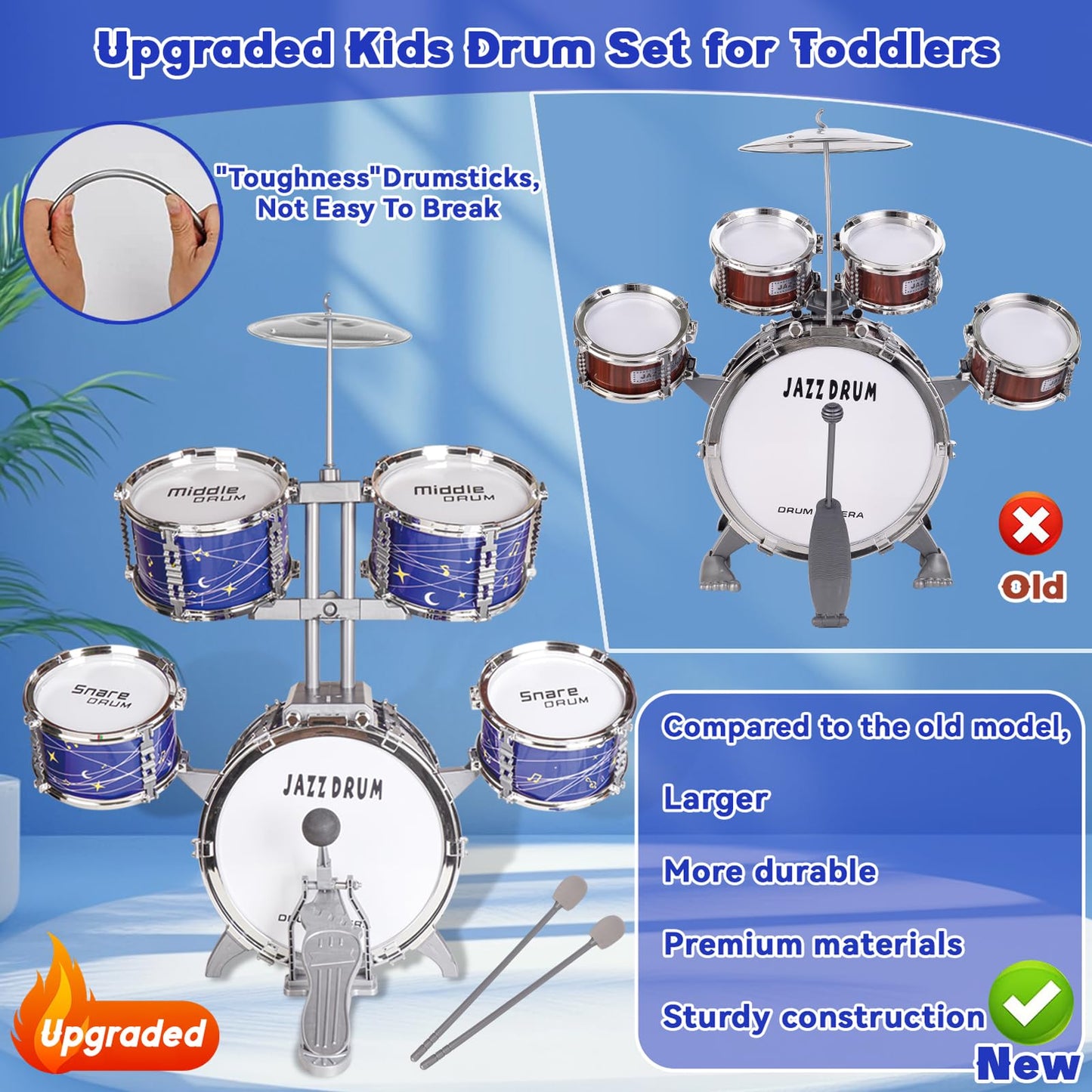 Kids plastic drum kit by Noaideoi, toddler-friendly jazz drum set with drums and cymbals for children ages 2 to 7.