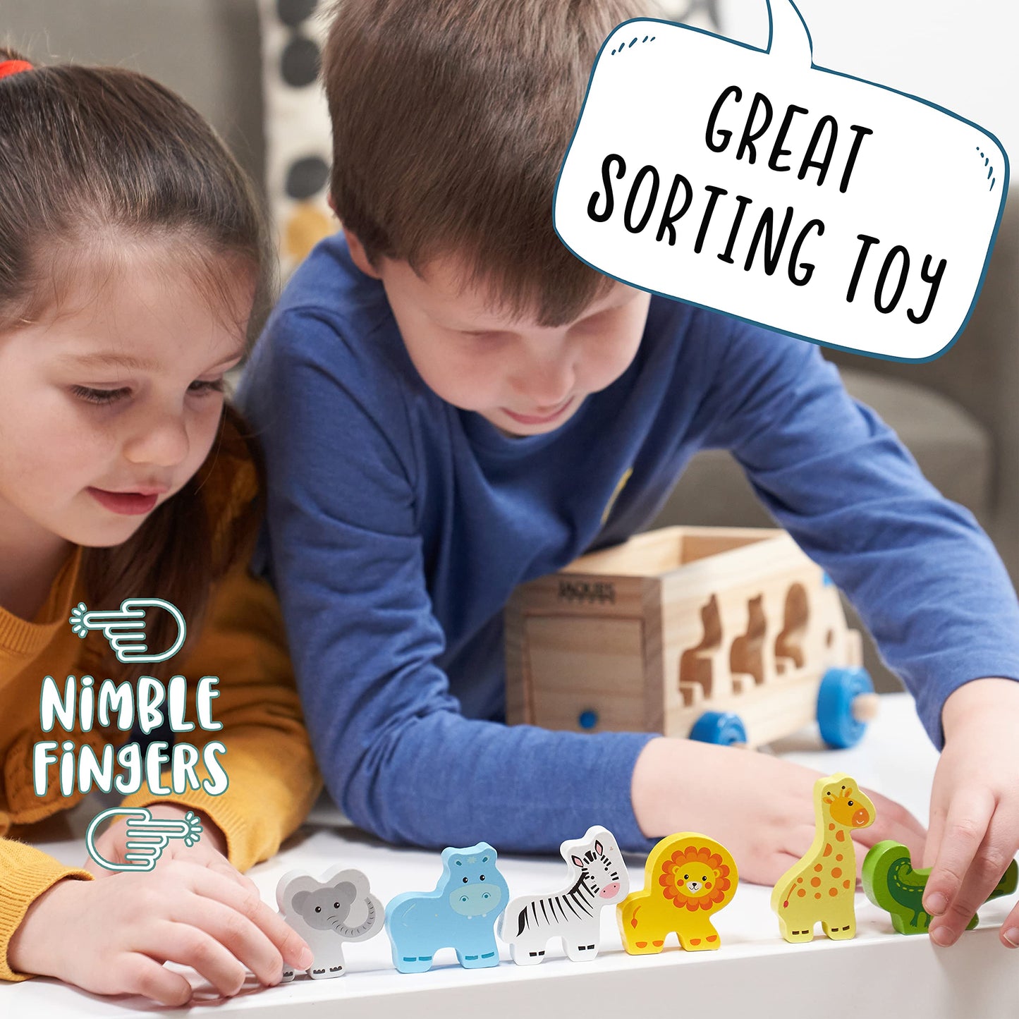 Wooden shape sorter toy featuring safari bus and animal shapes for toddlers, made by Jaques of London for ages 1 to 3.