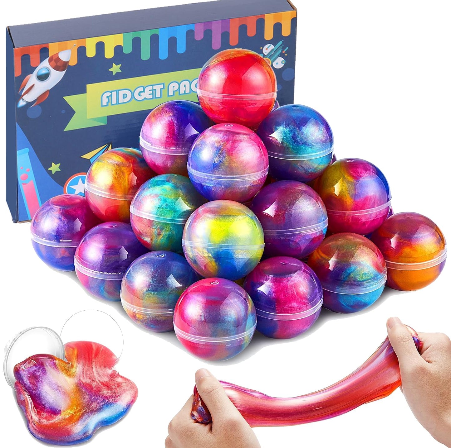 Set of 24 galaxy-themed slime balls from SJOAUET, stretchy, non-sticky stress relief toys for kids and party favors.