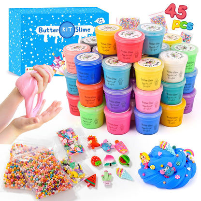 Kaoerdce 45-pack of colorful butter slime kits for kids, soft, non-sticky slime with stress relief and party favor options.