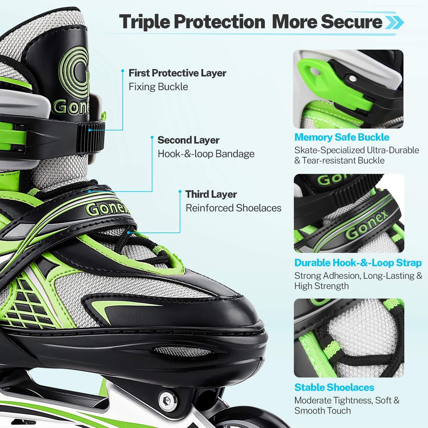 Gonex Children’s Inline Skates, Adjustable Inline Skates for Boys and Girls, EU 31-42, Green, M