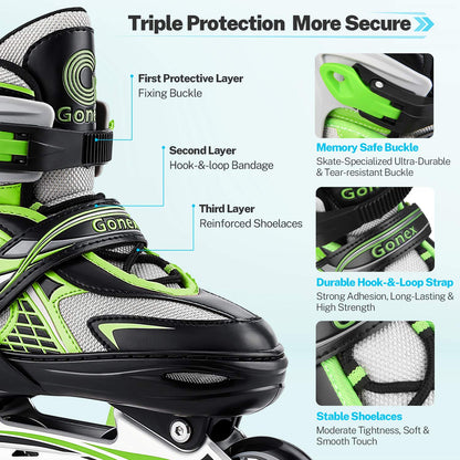 Gonex Children’s Inline Skates, Adjustable Inline Skates for Boys and Girls, EU 31-42, Green, M