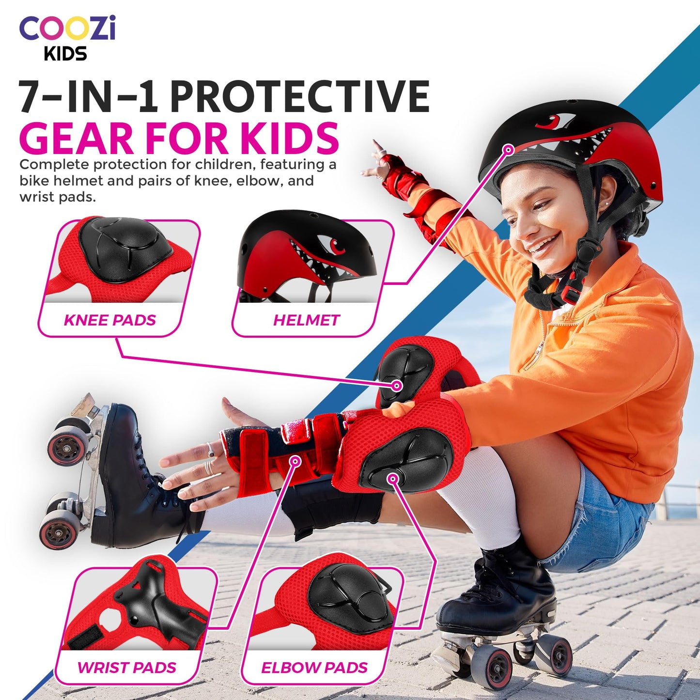 Niftii Kids Helmet with Pads - Adjustable Multi-Sport Complete Safety Gear for Cycling, Skateboarding & Scooting, Ideal for Boys & Girls Ages 3-15 Kids Bike Helmet Set, Shark