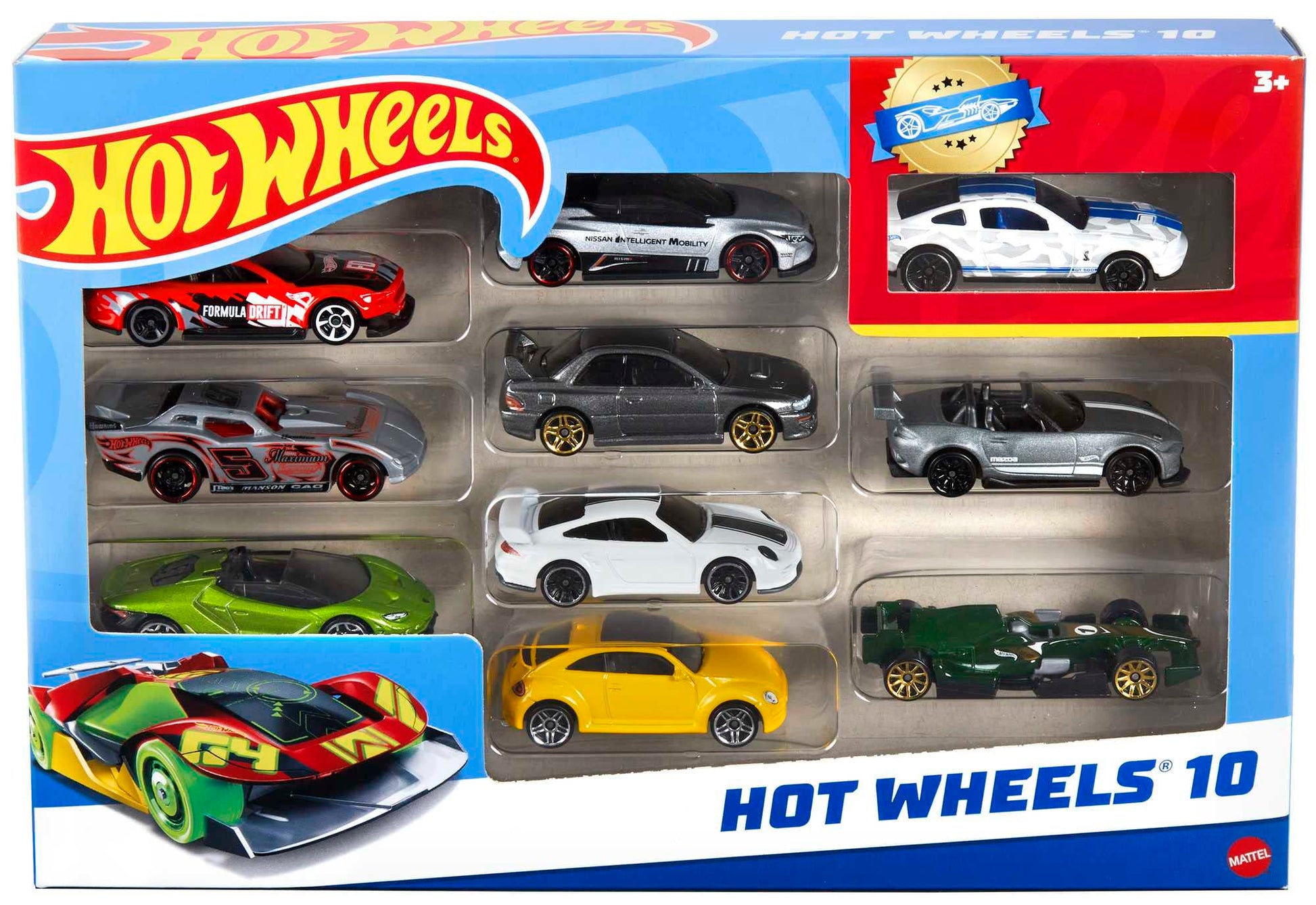 Assorted Hot Wheels toy cars and trucks in 1:64 scale, featuring die-cast race cars, police cars, and firetrucks.