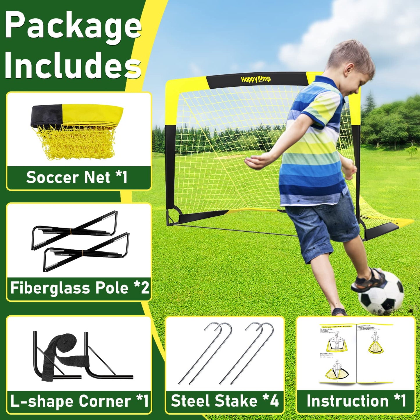 Happy Jump Portable Pop Up Football Goals | Weatherproof Football Nets – 5x3.6FT Single Pack for Garden & Outdoor Training