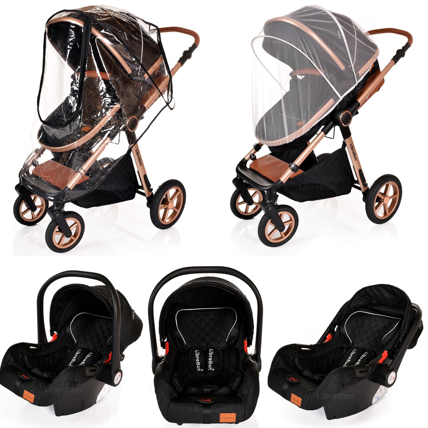 Boneelook 3-in-1 baby buggy pram stroller for newborns and toddlers, lightweight folding travel system with black and rose gold frame