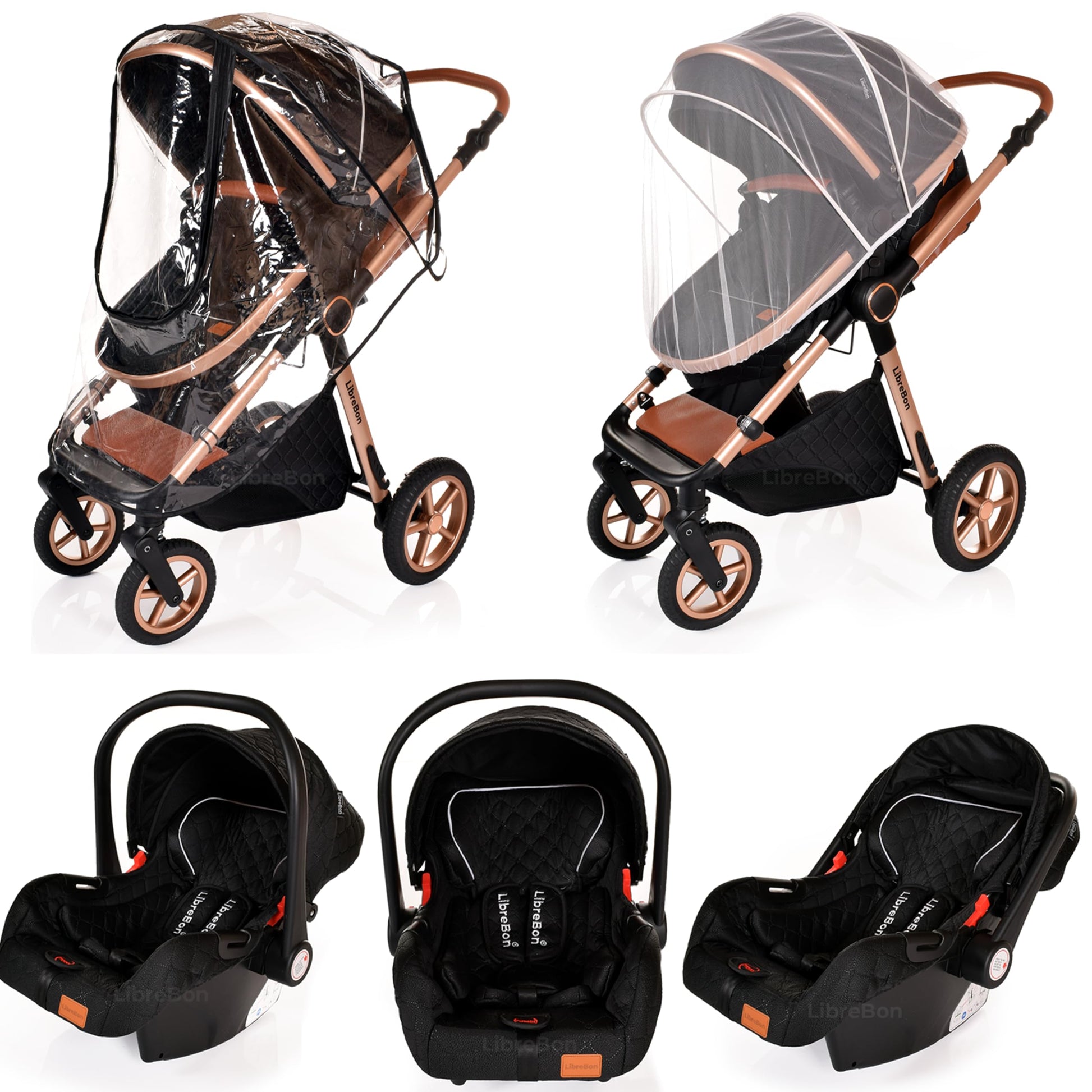 Boneelook 3-in-1 baby buggy pram stroller for newborns and toddlers, lightweight folding travel system with black and rose gold frame